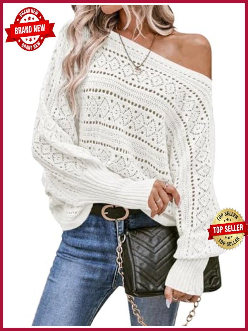 Off Shoulder Oversized Knit Crochet Pullover Sweater Batwing Sleeve